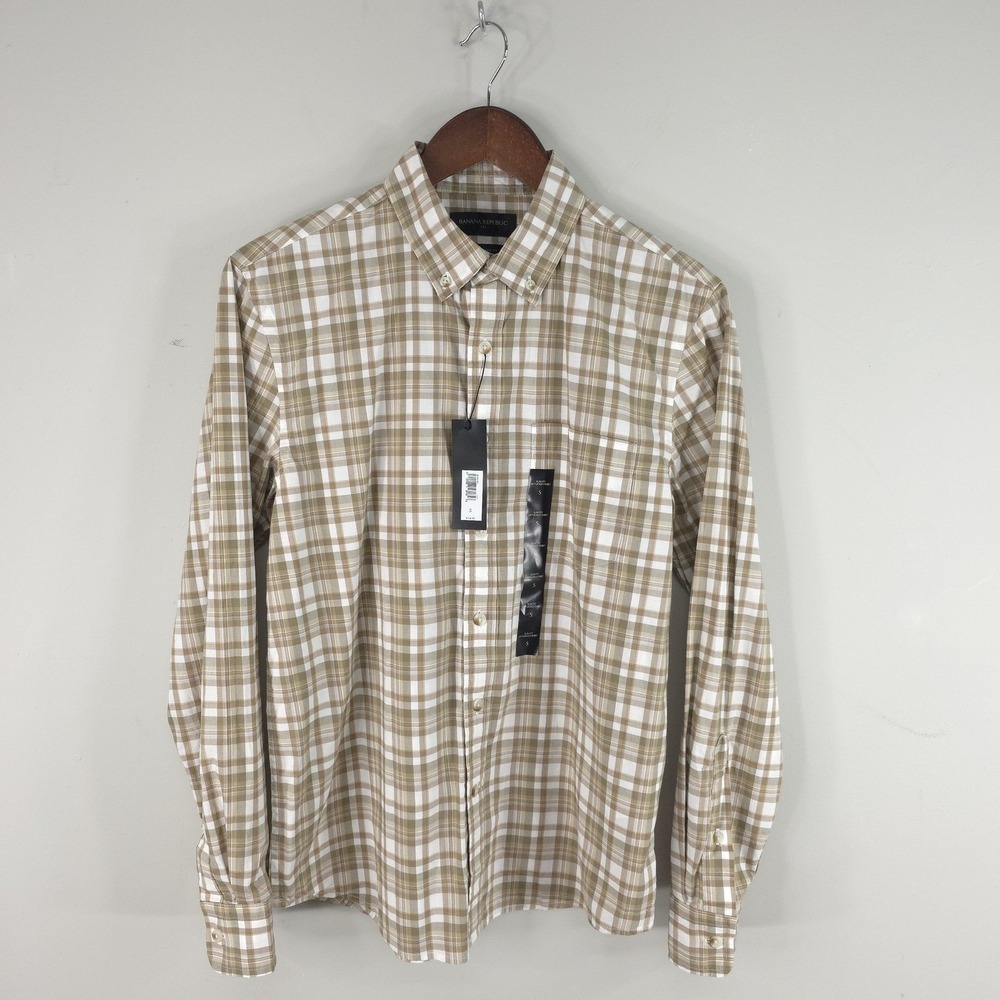 Banana Republic Shirt Mens Small Beige Plaid Slim Fit Untucked Button Up Casual